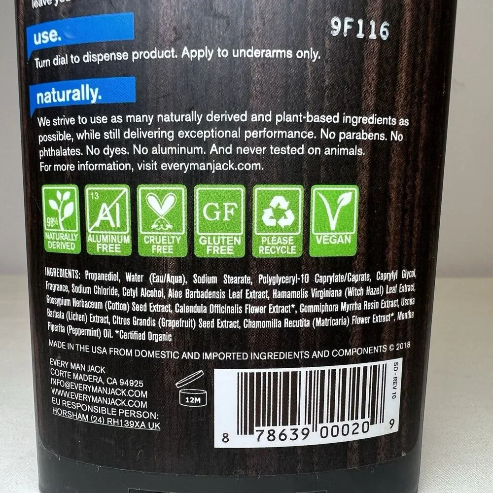 NEW Every Man Jack Signature Mint Aluminum Free Naturally Deodorant 3 oz Vegan